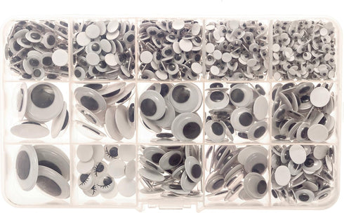 Variety Value Pack 1 Box Approx 1120 pcs 0.16 inches to 1 inch Round Plastic Self Adhesive Black Googly Wiggle Eyes Wide Assorted Sizes...