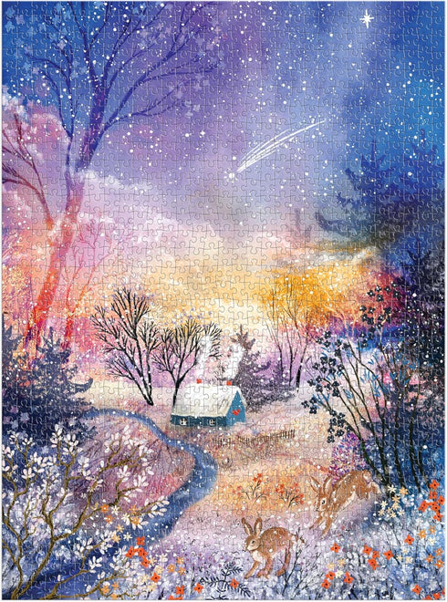 Galison Enchanted Snowfall – 1000 Piece Foil Jigsaw Puzzle Featuring A Beautiful Snowy Winter Landscape Under The Starry Sky...