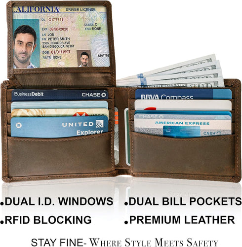 Top Grain Leather Wallet for Men | RFID Blocking | Extra Capacity Bifold Wallet with 2 ID Windows | Ultra Strong Stitching | Slim Billfold with 8 ...