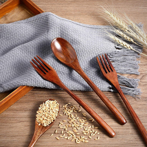 Wooden Spoons Forks Set Including Wooden Spoons and Wooden Forks Japanese Wooden Utensil Set Reusable Handmade Natural Wood Flatware Set for Cooki...