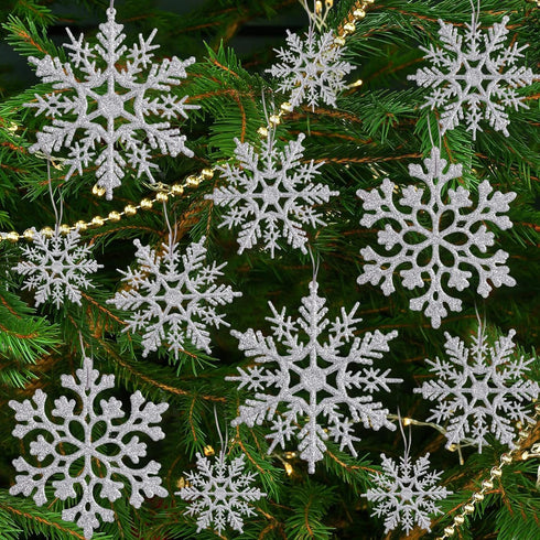 36 Pack Silver Snowflake Ornaments Plastic Glitter Snow Flakes Ornaments for Winter Christmas Tree Decorations Size Varies Craft Snowflakes...