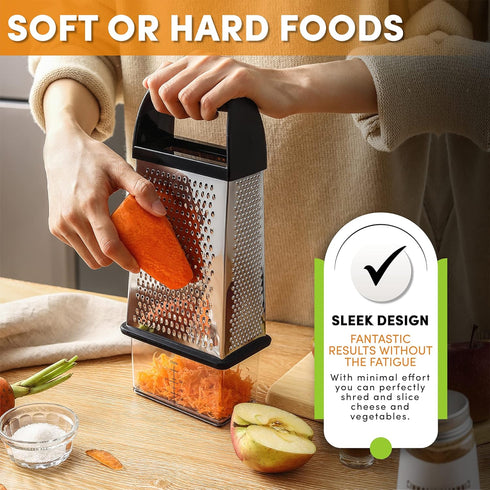 Spring Chef Professional 10" Parmesan Cheese Grater With Container, Stainless Steel & Soft Grip Handle, 4 Sided Kitchen Cheese Shredder, Handheld ...