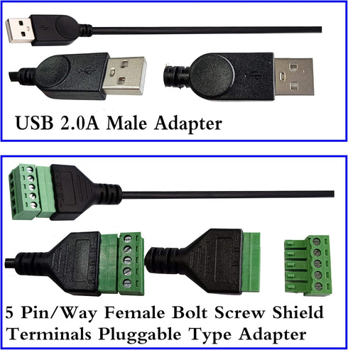 zdyCGTime USB 2.0 A Screw Terminal Block Connector Cable USB 2.0 A Male Plug to 5 Pin/Way Female Bolt Screw with Shield terminals Pluggable Type A...