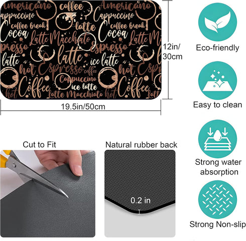 Coffee Bar Mat Accessories for Countertop Absorbent Hide Stain Rubber Backed Dish Drying Mats for Kitchen Counter Draining Pad Decor Gift Fit Unde...