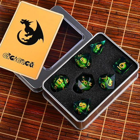DND Resin Dragon Eye Dice Set for RPG & Role Playing - 7pcs Polyhedral Liquid Core Sharp Edged Dice Set D20 D12 D10 D8 D6 D4 with Gift Box,Dungeon...