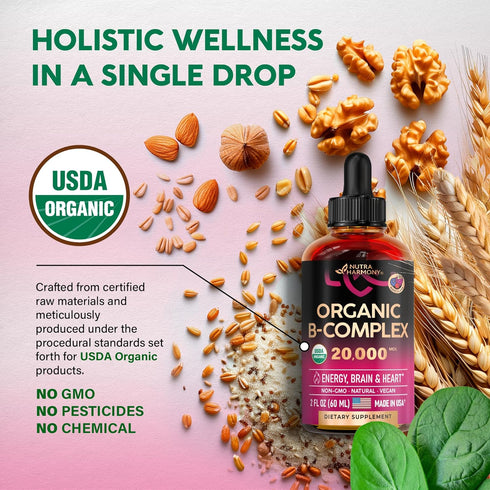 USDA Organic Vitamin B-Complex B5 Pantothenic Acid | B12 Methylcobalamin | B1 Thiamine | B6 Pyridoxine | B7 Biotin | B9 Folic | B3 Niacinamide - B...