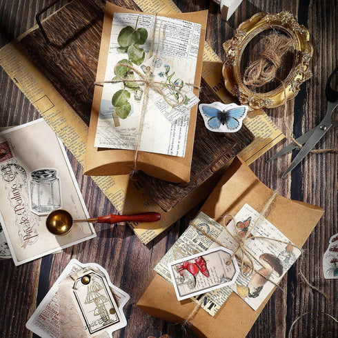 120 Pieces Vintage Scrapbooking Stickers DIY Journaling Scrapbook Adhesive Washi Paper Stamp Stickers Antique Retro Natural Collection Stickers Di...