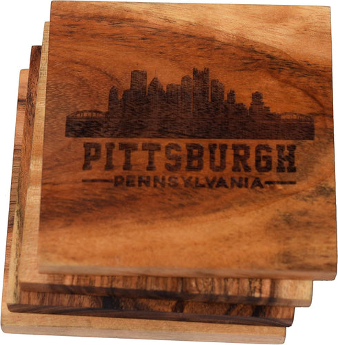 Pittsburgh Coasters, Pittsburgh Skyline Drink Coasters – Pittsburgh Gifts & Souvenirs, Engraved Acacia Wood Coasters with Pittsburgh Skyline – Pit...