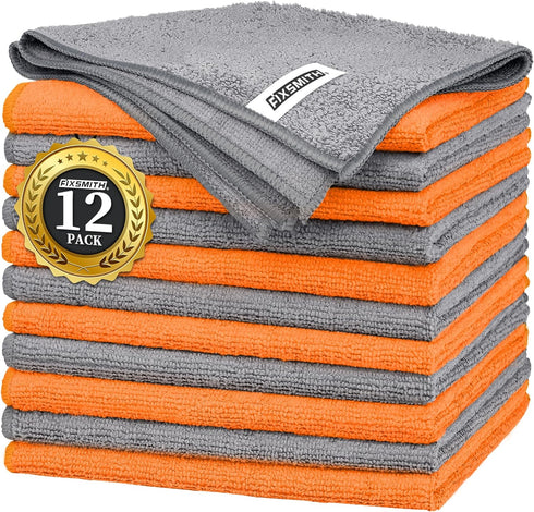 FIXSMITH Microfiber Cleaning Cloth -Pack of 12, Highly Absorbent Cleaning Rags(Grey&Orange), 16"X12" All Purpose Cleaning Towels for Housekeeping,...