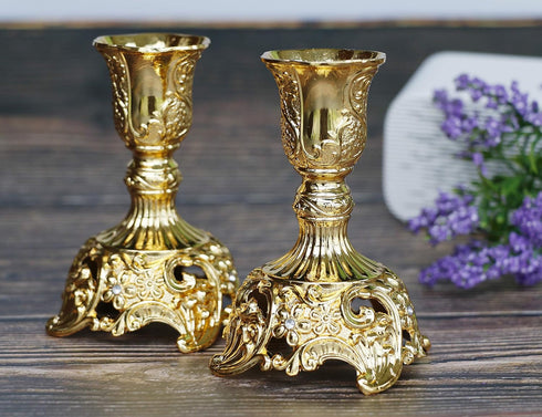Taper Candle Holders with Deluxe Engraved Design, Set of 2 Premium Candlestick Holders in Gold...