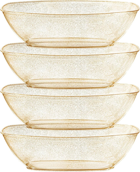 Posh Setting Disposable Oval Serving Bowls, Gold Glitter Plastic Serving Bowls, 4 Pack, 72 Ounce Large Plastic Disposable Party Snack, Buffet, Chi...