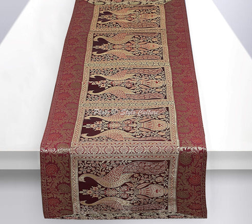 Bohemian Long Wedding Table Runner Coffee Gold Peacock Floral Brocade Jacquard Rectangle Home Decor Indian Dining Room Tablecloth | 60x16 Inches (...