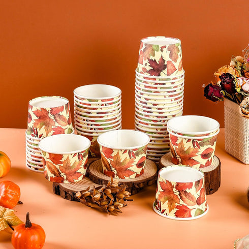 50Pcs Fall Treat Snack Cups Maple Leaves Disposable Ice Cream Cups 9 Oz. Disposable Autumn Thanksgiving Dessert Bowls for Cupcake Picnic BBQ Harve...