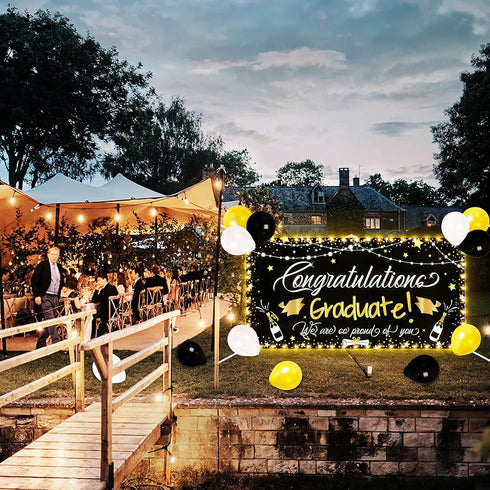 90shine Graduation Decorations Class of 2025 - Lighted Large Congrats Grad Banner Garland Photo Backdrop+Balloons+Hanging Swirls Party Supplies (2...