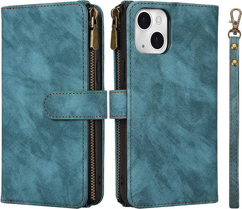 iCoverCase iPhone 13 Wallet Case with Card Holder, 2 in 1 PU Leather Magnetic Clasp Zipper Pocket Shockproof Detachable Flip Wrist Strap for (Blue...
