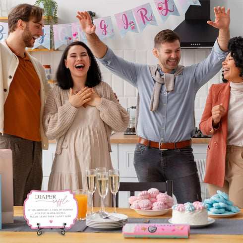 Pink Diaper Party Game Set, 50 Pcs Diaper Raffle Tickets, 1 Wooden Sign & 1 Iron Stand, Gender Neutral Baby Shower Game Kit for Boys & Girl, Newbo...