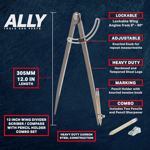 ALLY Tools 12 Inch Precision Locking Wing Divider/Woodworking Compass with Pencil Holder INCLUDES Two Pencils and Pencil Sharpener Ideal for Drawi...