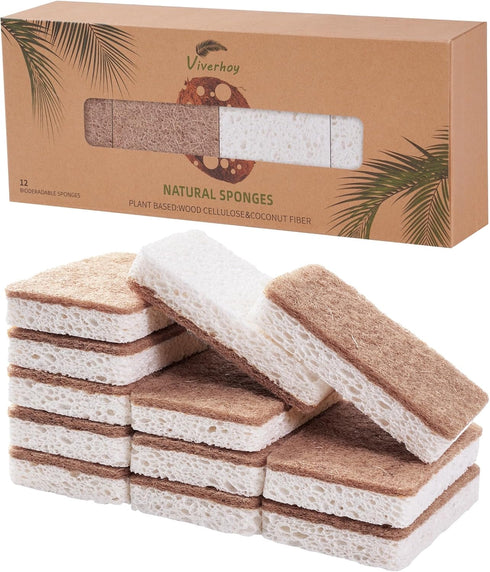 Natural Kitchen Sponge 12 Packs - Biodegradable Sponge - Eco-Friendly Sponge for Sustainable Living - Compostable Wood Cellulose and Coconut Washi...