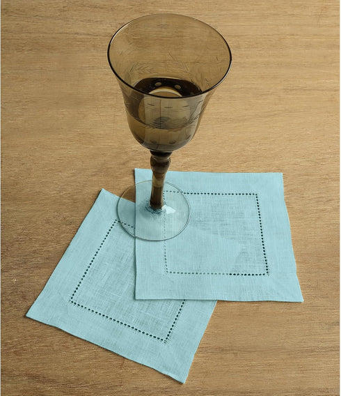 Solino Home Linen Cocktail Napkins 6 x 6 Inch – 100% Pure Linen Fabric Aqua Blue Cloth Napkins Set of 12 – Classic Hemstitch Beverage Cocktail Nap...