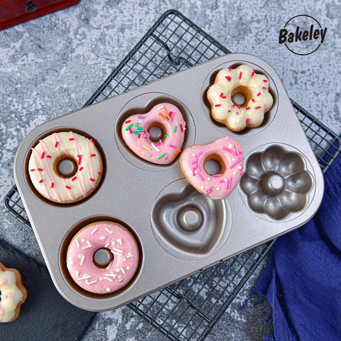 Fancy Donut Pan, 6 Cavity Donut Mold Heavy Duty Steel Non-stick Heart Flower Round Shaped Bund Pans Pattern Doughnut Bakeware for Oven Baking (Cha...
