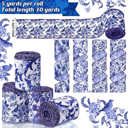 Lyrow 6 Rolls Chinoiserie White and Blue Wired Edge Ribbon Chinoiserie Ribbon Floral Ribbon Butterfly Craft Flower Pattern Fabric Ribbons for Craf...