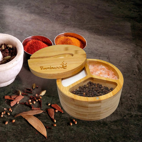 Premium Bamboo Salt Cellar with 3 Compartment Swivel Magnetic Lid - 100% Handmade, Elegant Salt & Spices Storage Box and Multi-Use Container with ...