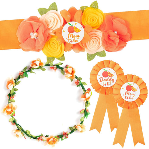 Little Cutie Citrus Maternity Sash Mom to Be & Daddy to Be Corsage Orange Clementine Flower Crown Pregnancy Sash Decoration Autumn Baby Shower Kit...