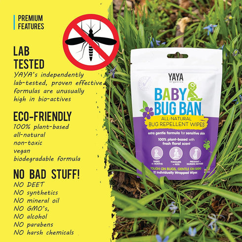 YAYA ORGANICS Baby Bug BAN Insect Repellent Wipes – All-Natural, DEET-Free, Non-Toxic, for Babies, Kids, Pregnant and Nursing Moms and Sensitive S...