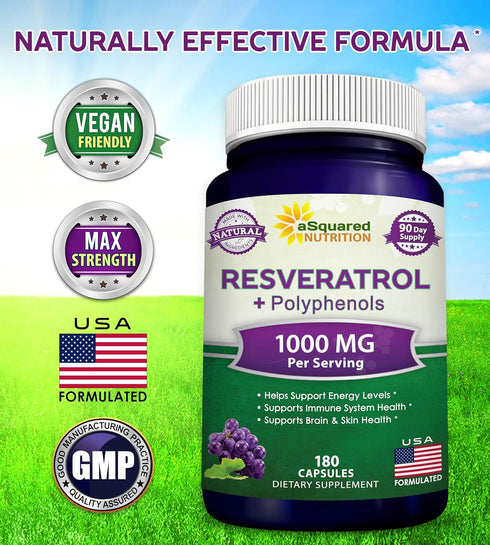 aSquared Nutrition Natural Resveratrol with Red Wine Extract - 180 Capsules - Trans Resveratrol Antioxidant Supplement Pills for Pure Heart Health...