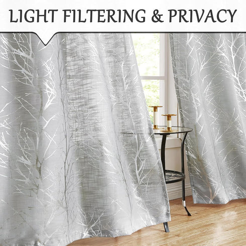 FMFUNCTEX Linen Semi Sheer Curtains for Bedroom and Living Room - Silver Foil 63 Inches Long, Metallic Print Grey Tree Panel for Windows, Light Fi...
