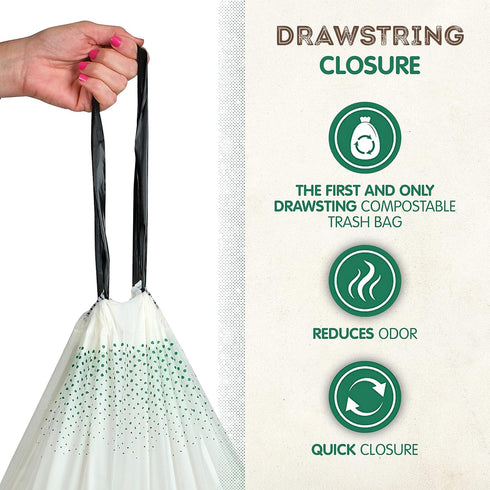 KC’s Compostable Tall Kitchen Trash Bags 13 Gallon, 25 Bags | Easy-Tie Drawstring Closure, 3X Extra Durable & Plant-Based Compostable Garbage Bags...