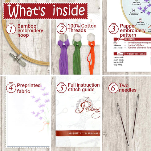 Embroidery Kit for Beginners 'Lavender' - Fun Starter Kit for Hand Embroidery with Stamped Pattern, Pre-Sorted Floss and Bamboo Hoop - for Adults ...