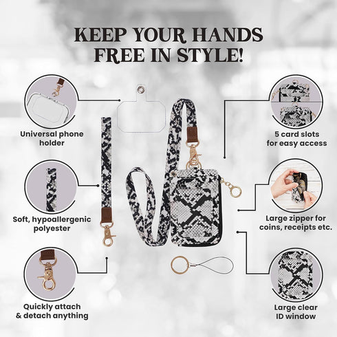 2-in-1 ID Badge Holder & Lanyard Wallet - Multi-Use Womens Small Wallet with Removable Wristlet & Neck Lanyard, Clear Window, 5 Card Slots, Phone ...