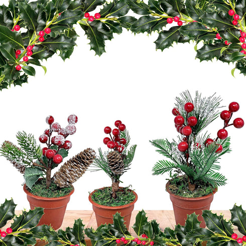 Christmas Tabletop Decorative Pots with Pine Red Berries Pine Cones Greenery - Set of 3 - Snow Flocked Xmas Holiday Decor - 7 1/2" Tall...