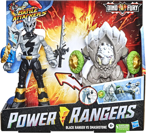 Power Rangers Dino Fury Battle Attackers 2-Pack Black Ranger vs. Smashstone Kicking Action Figure Toys, TV Inspired Accessory Ages 4 and Up...