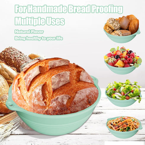 Bread Proofing Basket, 9in Silicone Sourdough Baking Bowl with liner Thick Foldable Reusable Handmade Bread Making Supplies for bakers (Light Gree...