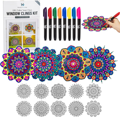 Hula Home Stained Glass Mandala Art Kit - DIY Window Clings with Markers, 10 Suncatchers - Perfect Hobby for Adults, Kids, Teens & Seniors - Ideal...