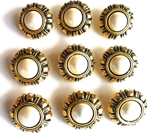 9 - White Pearl Buttons with Antique Gold Rim Settings-Dome -Blouse and Shirt Buttons (9-5/8'' White Pearl Buttons Anti .Gold Rim)...