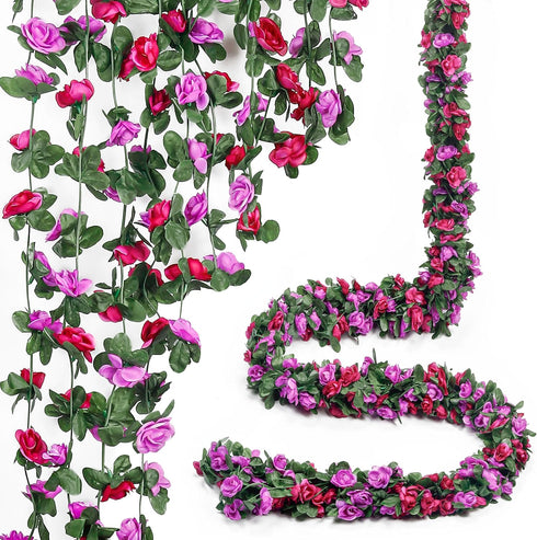 Miracliy 5Pcs 41FT Purple Flower Garland Artificial Rose Arch Vines Fake Spring Floral Garland for Flower Wall Backdrop Wedding Mothers Day Garden...