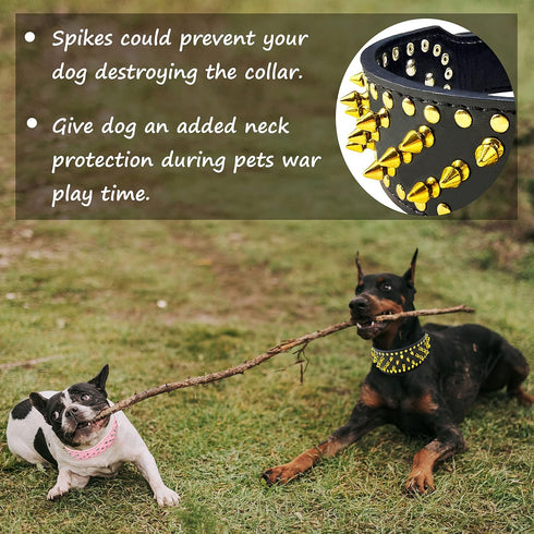 teemerryca Sturdy Wide Black PU Leather Gold Spiked Dog Collars with a Squeak Ball for Medium Large Breed Boy Pet, Pit bulls/Bulldog/Boxer/Doberma...