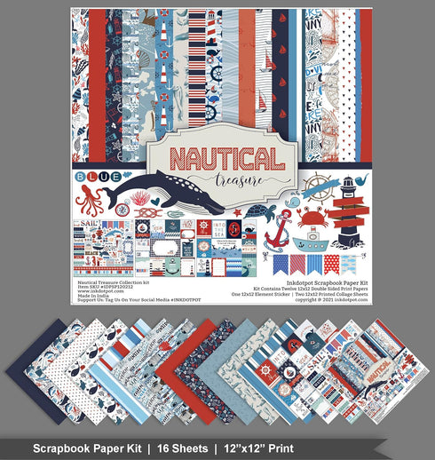 Inkdotpot Nautical Treasure Theme Collection Double-Sided Scrapbook Paper Kit Cardstock 12"x12" Card Making Paper Pack with Sticker Sheet - 16 Pag...