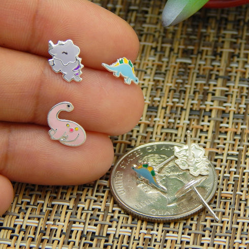 925 Sterling Silver Set of 3 Pairs Assorted Dinosaur and Friends Stud Earrings (Nickel Free)...