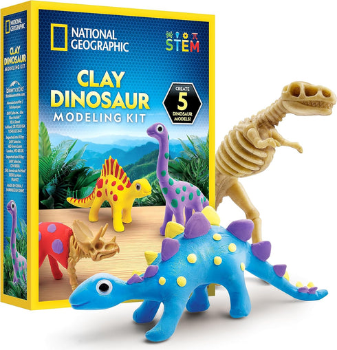 NATIONAL GEOGRAPHIC Clay Dinosaur Arts & Crafts Kit - Dinosaur Air Dry Clay for Kids Craft Kit with 5 Clay Colors, 5 Dino Skeletons, Sculpting Too...