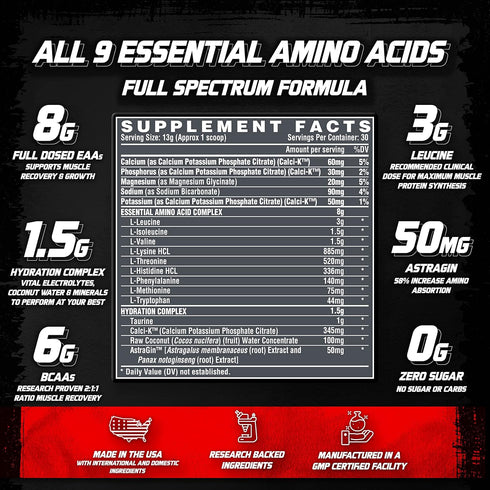 Nutrex Research EAA Hydration | EAAs + BCAAs Powder | Muscle Recovery, Strength, Muscle Building, Endurance | 8G Essential Amino Acids + Electroly...