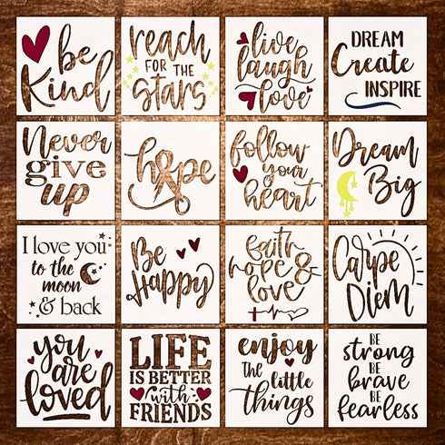 16 Piece Inspirational Word Stencil Set, Stencils for Painting on Canvas - Quotes Include Live, Laugh, Love, Inspire and Hope - Stencils for Paint...