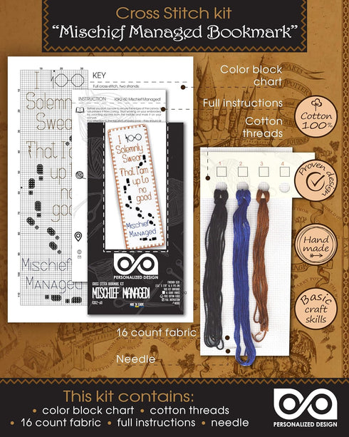 Personalized.Design Counted Cross Stitch Kit of Bookmark ‘Mischief Managed - I Solemnly Swear That I Am Up to No Good’...