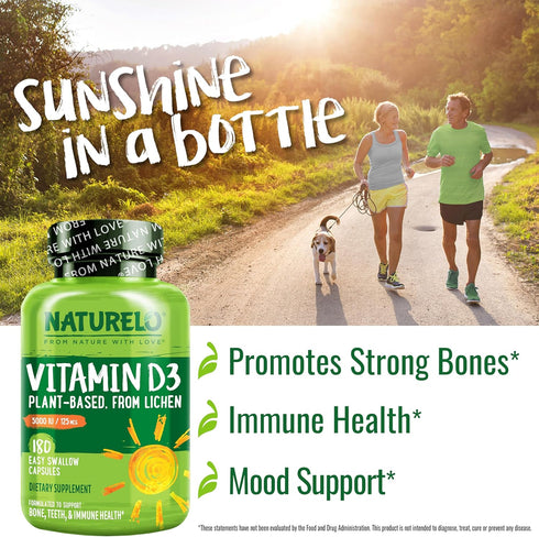 NATURELO Vitamin D - 5000 IU - Plant Based from Lichen - Natural D3 Supplement for Immune System, Bone Support, Joint Health - High Potency - Vega...