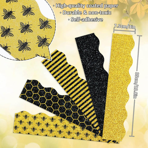 Whaline 69Ft Summer Glitter Bulletin Board Borders 5 Designs Yellow Black Bee Theme Decoration Trim Bee Bulletin Board Stickers for School Classro...
