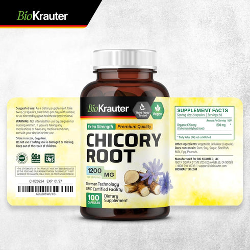 BIO KRAUTER Chicory Fiber Supplement - 1200 mg Strength - 100 Count - Chicory Root Powder - Inulin Capsules for Digestive Support - Vegan...