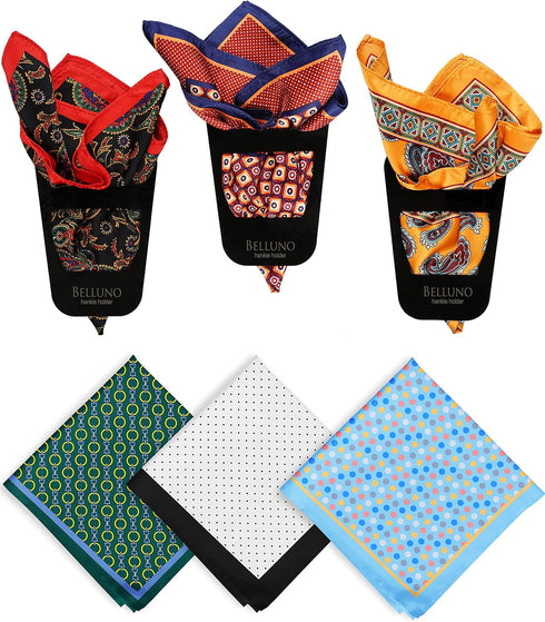BELLUNO Pocket Square 6 pcs with 3 Folds Holders, Penetrating Printed Handkerchiefs Set for Men...